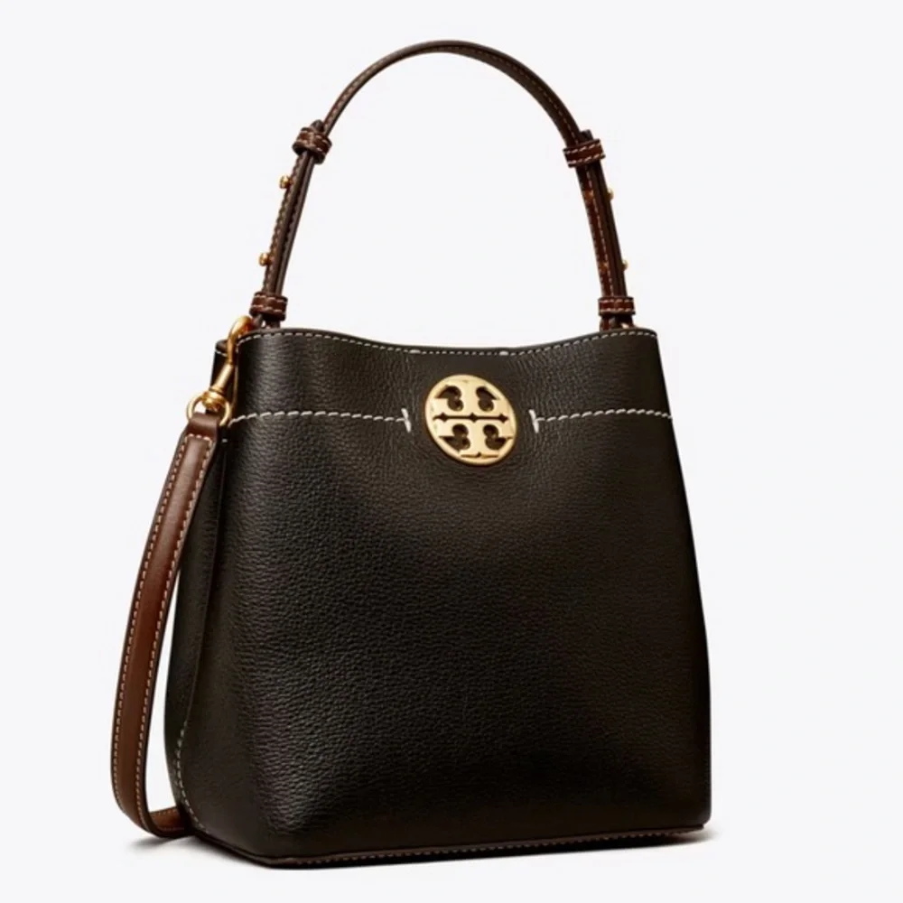 Tory Burch Black Leather Bucket Shoulder Bag with Gold Logo